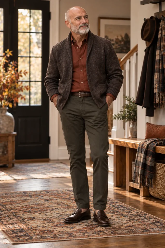 photograph of a stylish 59-year-old bald man with a neatly trimmed gray beard wearing a charcoal-brown textured cardigan over a muted rust button-up shirt