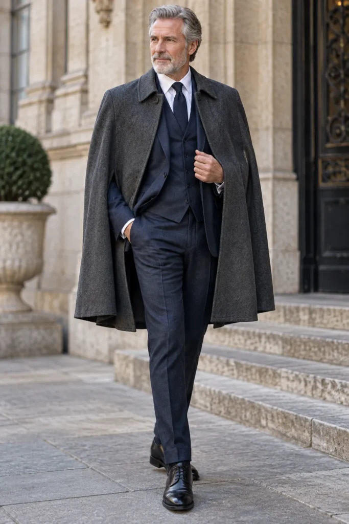 photograph featuring a stylish 58-year-old man with short salt-and-pepper hair and a neatly trimmed beard. 