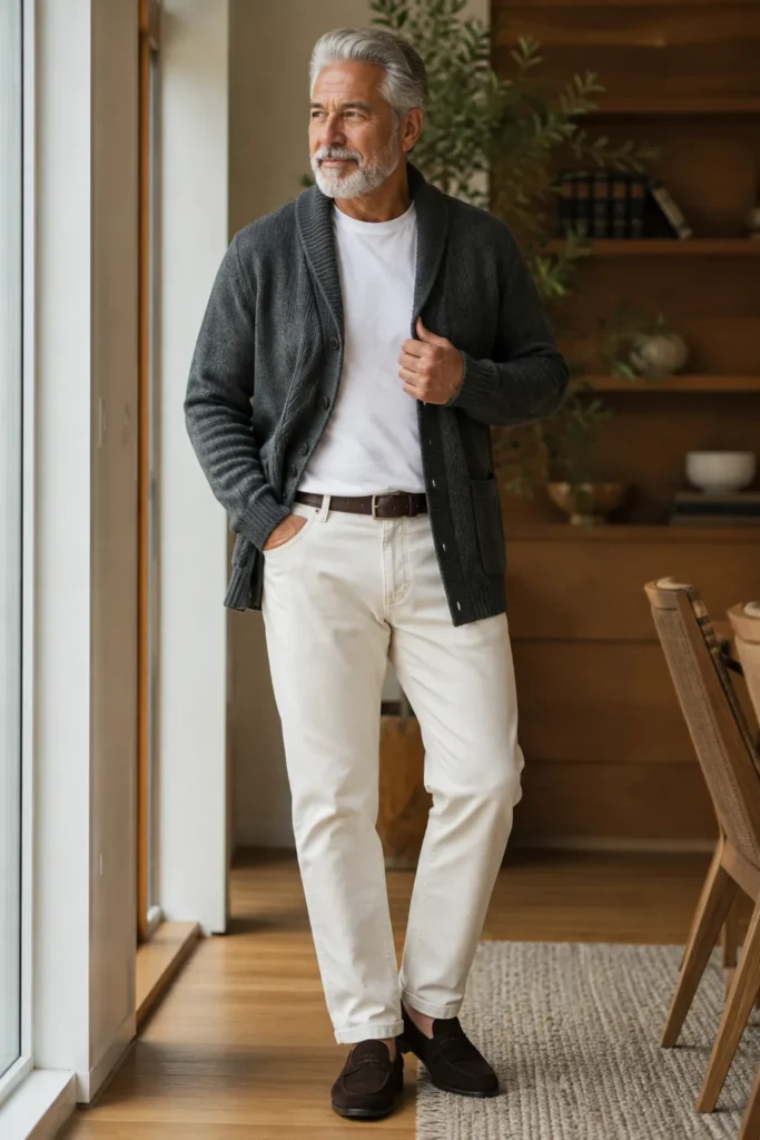 Charcoal Cardigan With Ecru Jeans