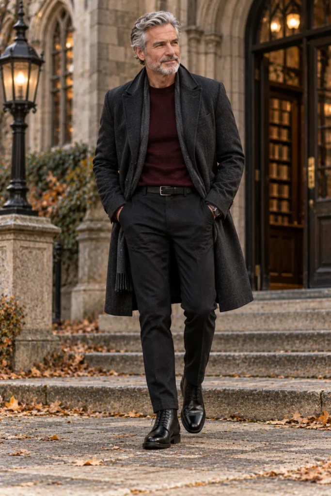 photorealistic dark-academia menswear photograph featuring a distinguished 61-year-old man with short silver hair and a neatly trimmed gray beard