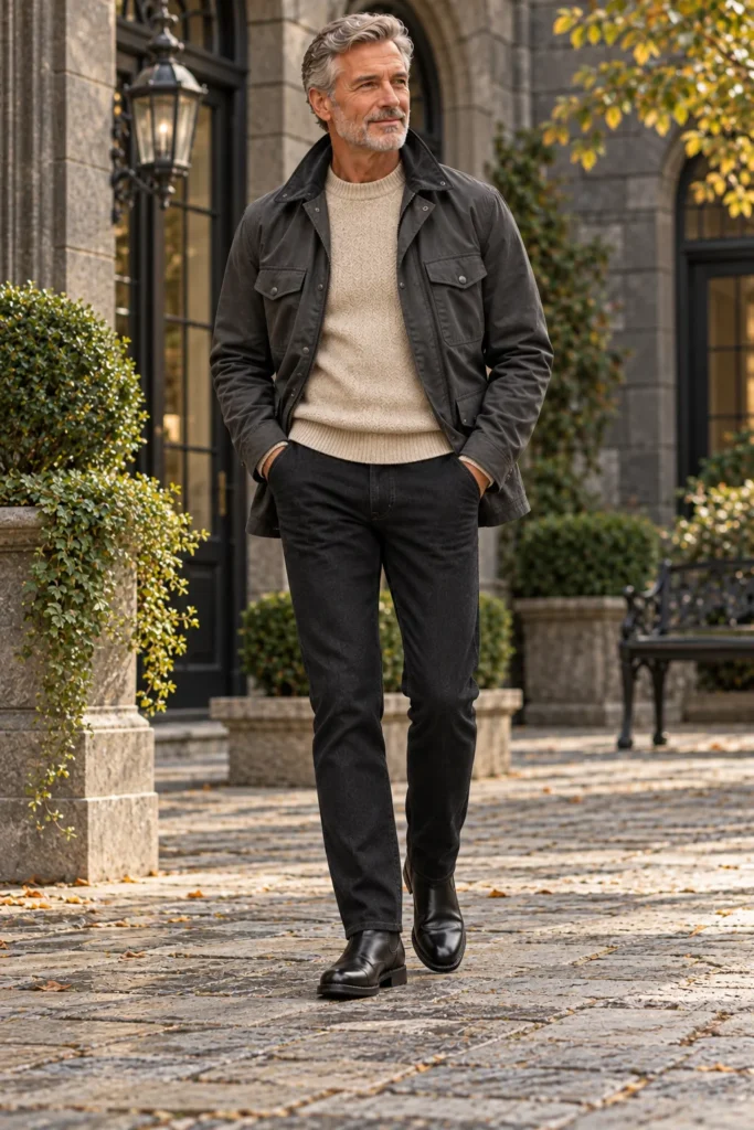 Charcoal Field Jacket With an Oatmeal Sweater and Black Jeans