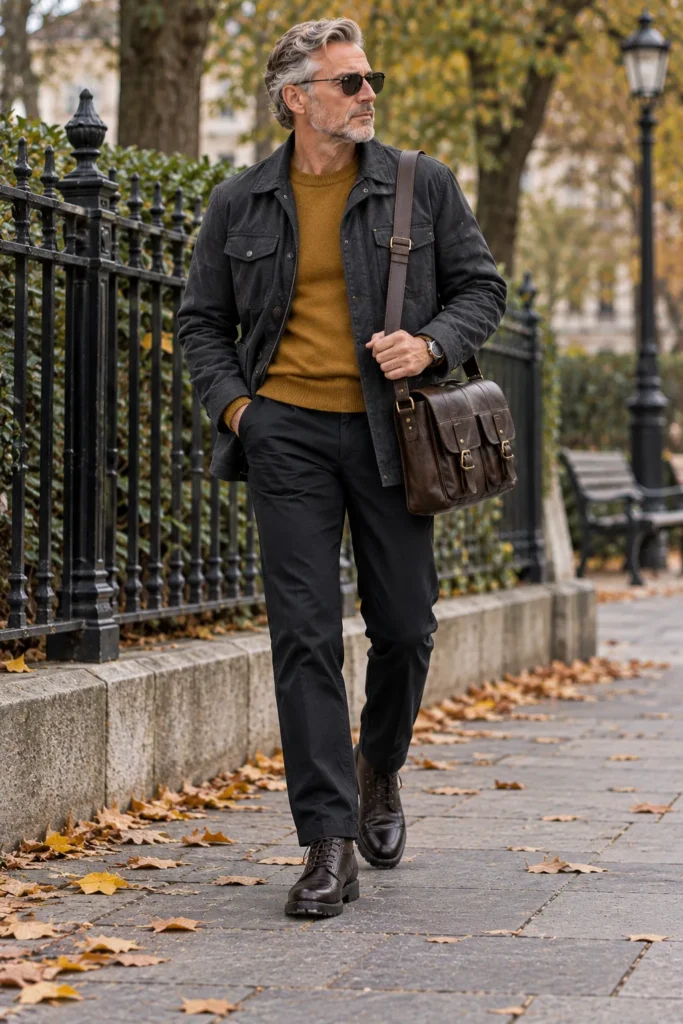 photorealistic menswear image featuring a 60-year-old man with short silver hair and a tidy gray beard