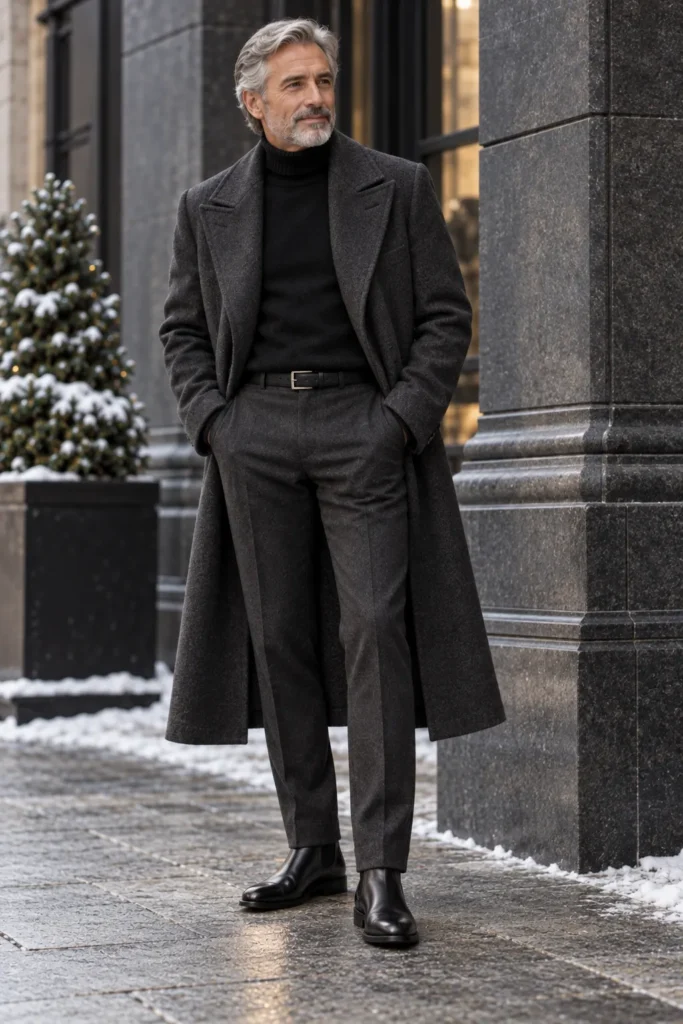 photorealistic luxury winter menswear photograph featuring a distinguished 62-year-old man with neatly styled silver hair and a short