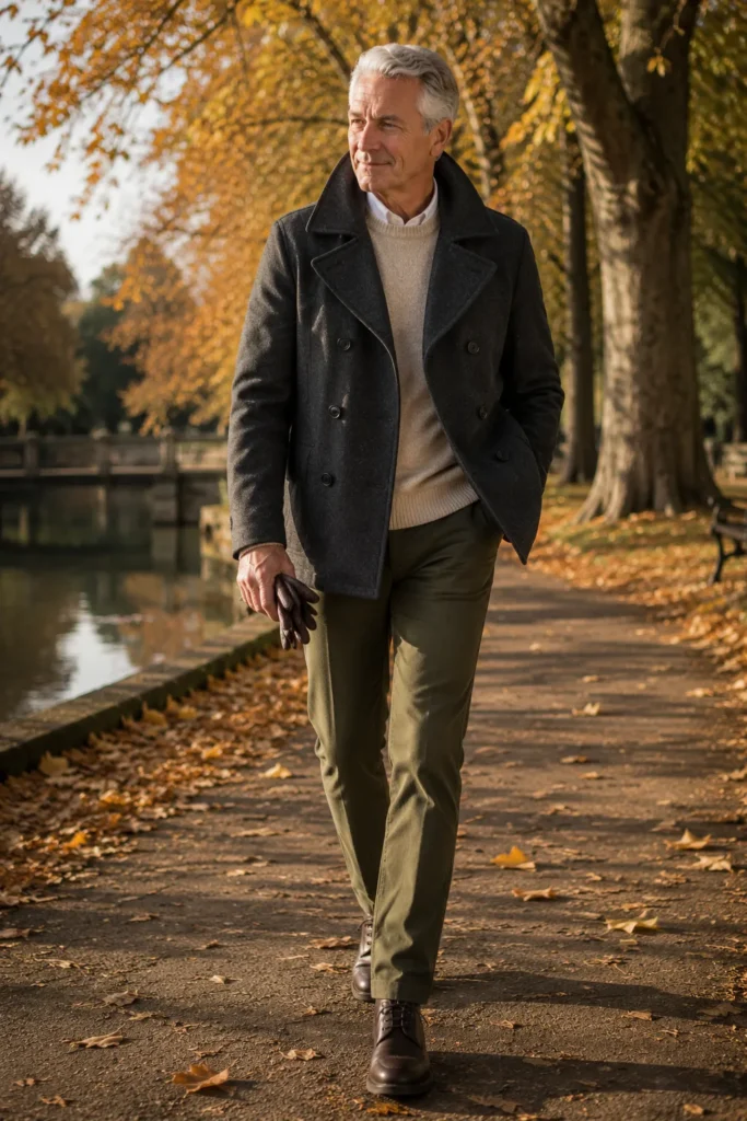 hoto of a confident 60-year-old man wearing a charcoal wool peacoat over an oatmeal crewneck sweater