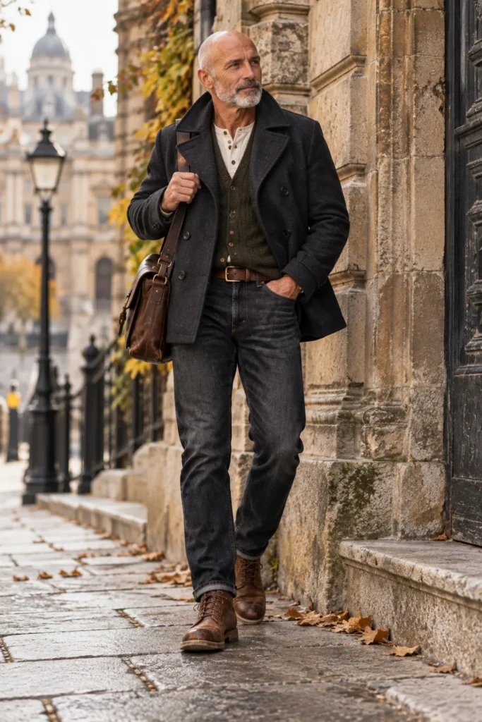photograph of a confident 59-year-old bald man with a short grey beard. He wears a charcoal wool peacoat over a cream henley and dark olive knit vest