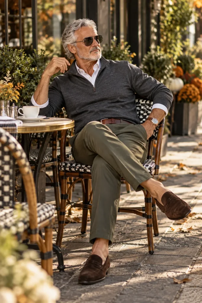photograph featuring a different 61-year-old man with short gray hair and a neatly trimmed white-gray beard wearing a charcoal gray quarter-zip sweater over a crisp white Oxford shirt