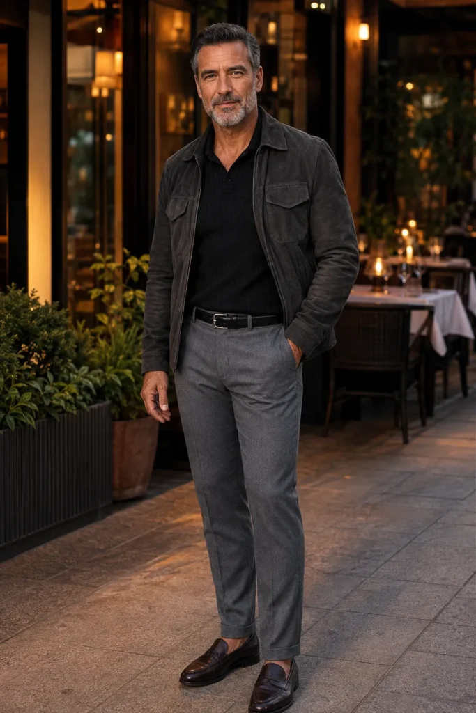 photograph featuring a completely different 61-year-old broad mature man with a rectangular face, short dark-grey hair