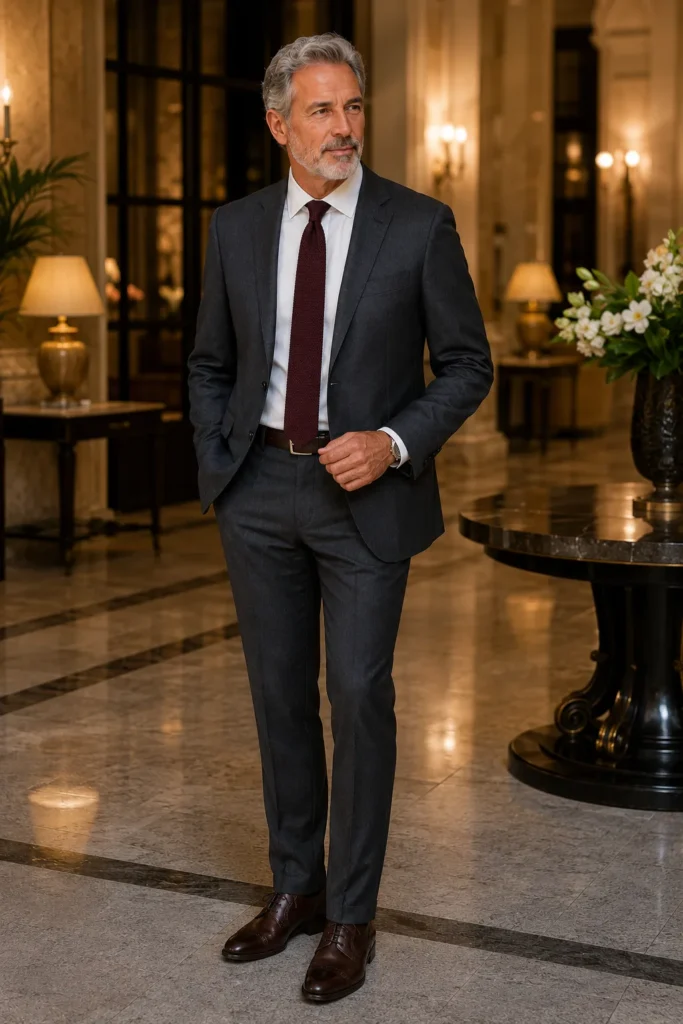 photograph featuring a distinguished 61-year-old mature man with silver hair and neatly trimmed gray beard, wearing a perfectly tailored dark charcoal two-piece suit