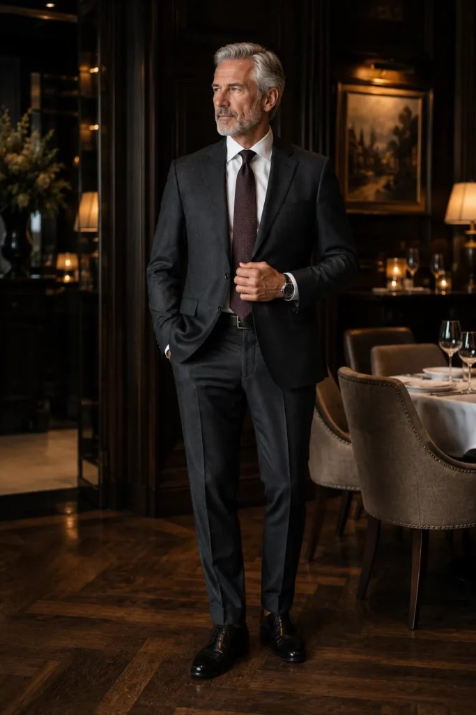 photograph of a stylish mature man around 56 years old with short silver-grey hair and a neatly groomed grey beard