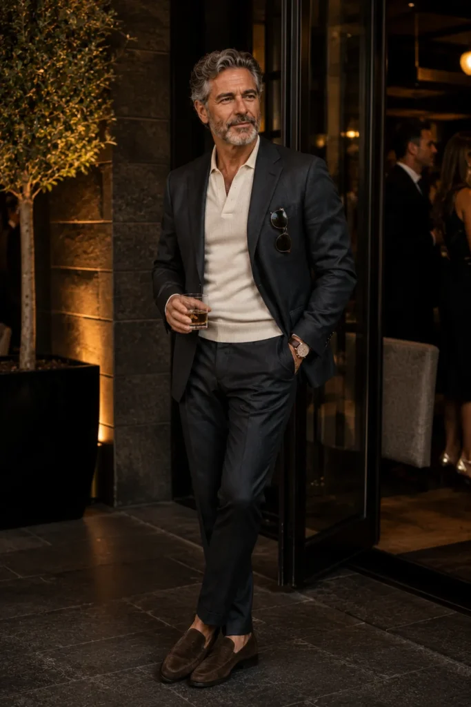 photograph of a stylish 56-year-old man attending an intimate evening cocktail dinner