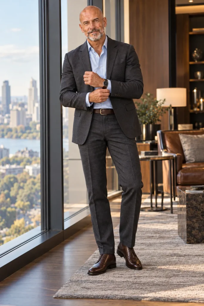 photograph featuring a stylish bald 60-year-old man with a neatly trimmed grey beard