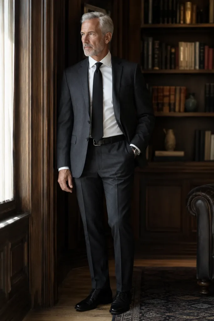 photograph of a sophisticated mature man around 58 with short silver-grey hair and a neatly groomed grey beard, dressed in a dark charcoal tailored suit