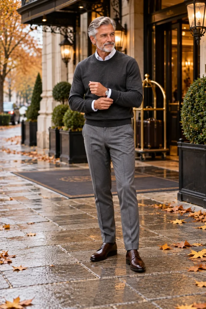 photograph of a distinguished 61-year-old man with neatly styled silver hair and a short gray beard standing outside a traditional hotel entrance on a cool autumn day