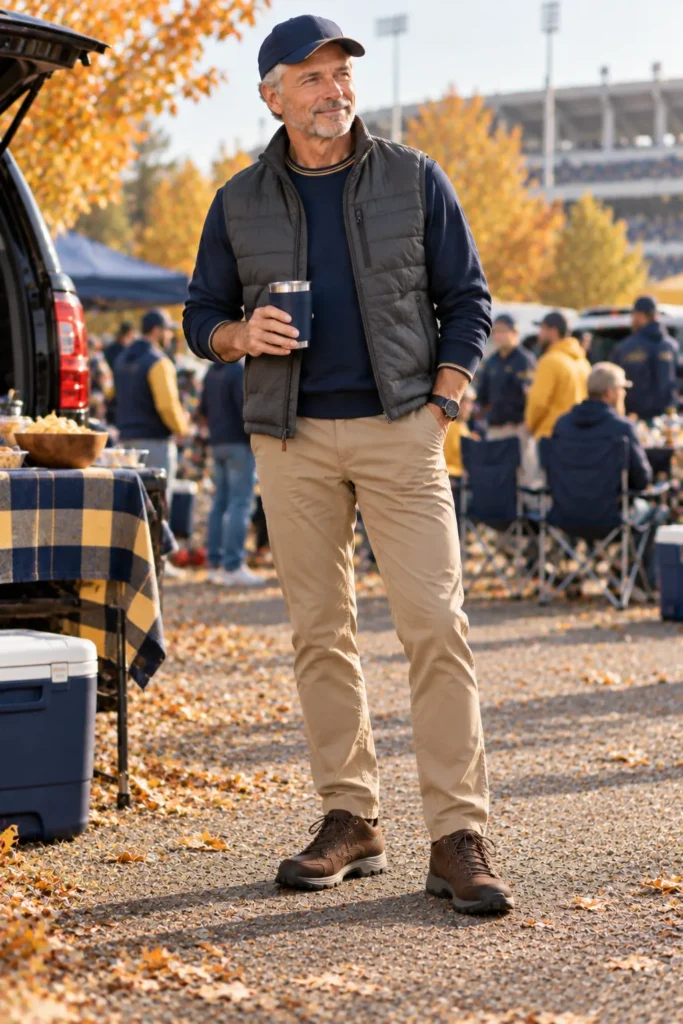 photograph of a 61-year-old man with silver hair wearing a charcoal quilted vest over a navy crewneck team sweatshirt with small gold accents