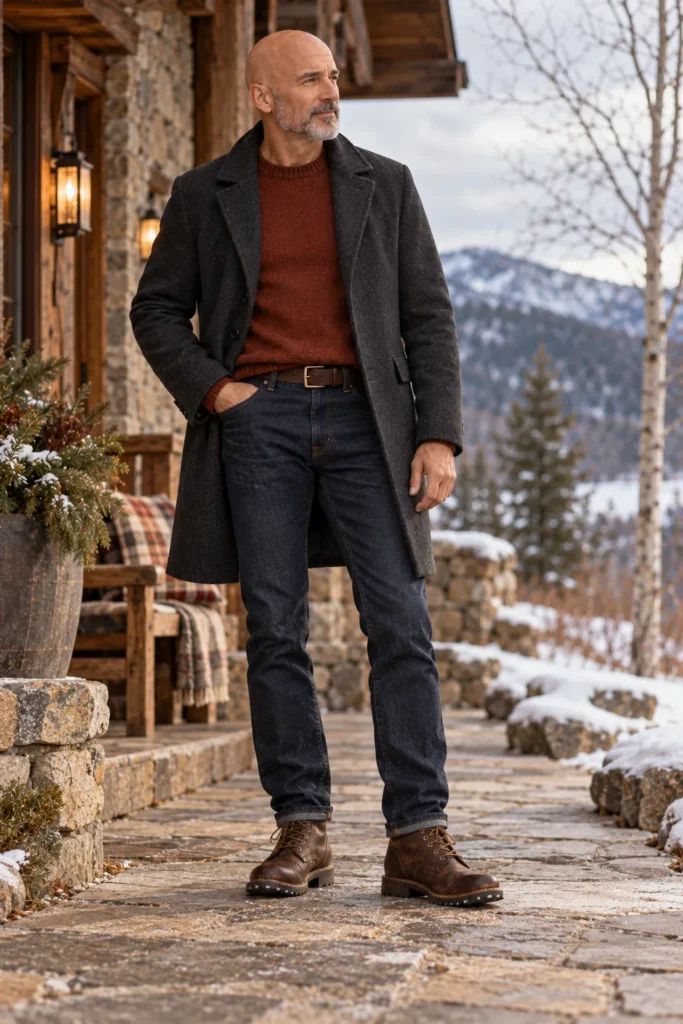 photograph of a stylish 58-year-old bald man with a neatly trimmed salt-and-pepper beard wearing a charcoal wool overcoat over a rich rust-colored crew-neck sweater