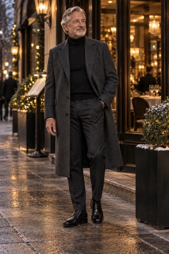 photograph of a mature man around 60 wearing a long charcoal wool overcoat over a fine black turtleneck