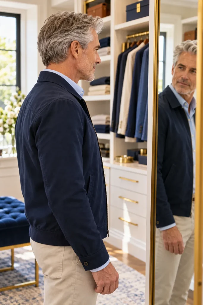 photo of a 59-year-old man with silver hair wearing a navy casual jacket over a pale blue shirt