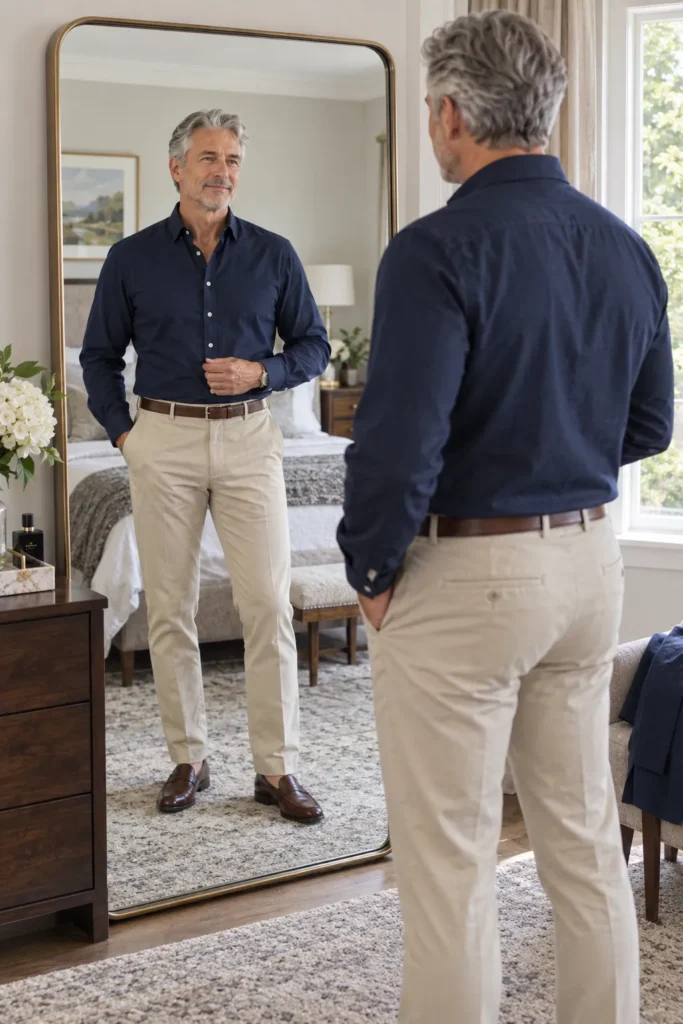 photo of a distinguished 58-year-old man with neatly groomed gray hair standing in front of a full-length mirror