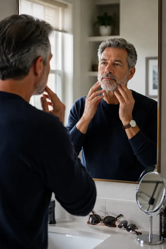 photo of a stylish 60-year-old man standing in front of a large bathroom mirror and studying the outline of his face to identify his face shape