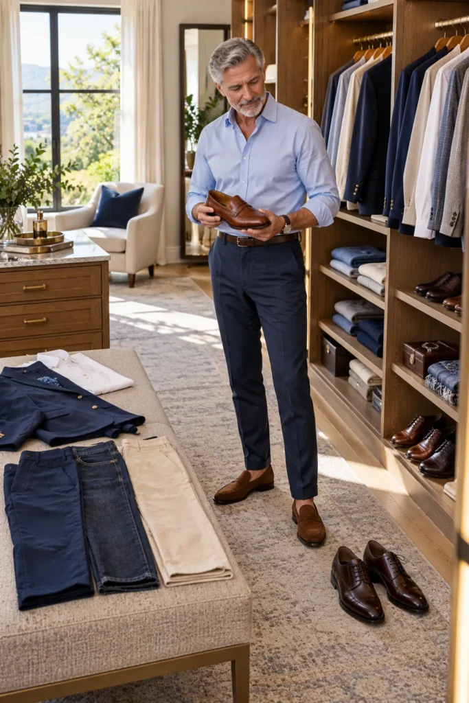photograph featuring a well-dressed 60-year-old man with silver hair reviewing his wardrobe in a bright