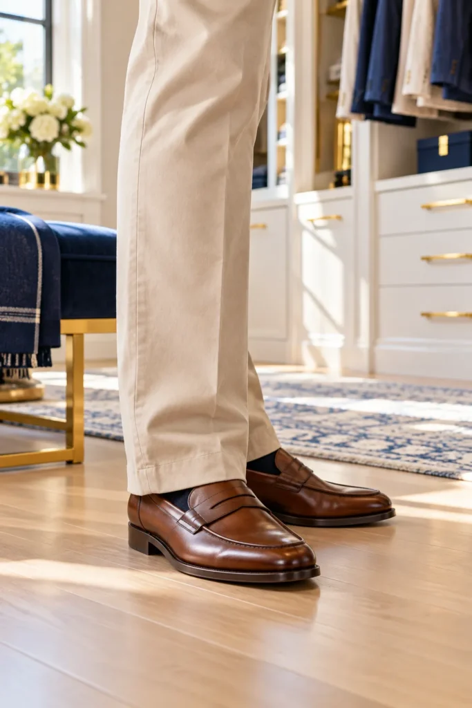 photo of a mature man's beige straight-leg trouser hems falling neatly over polished brown leather loafers.