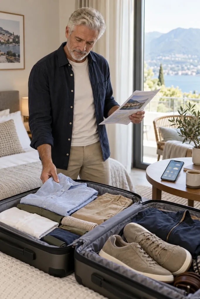 photograph of a stylish 60-year-old man with short silver hair and a neatly trimmed gray beard planning his travel wardrobe in a bright modern bedroom