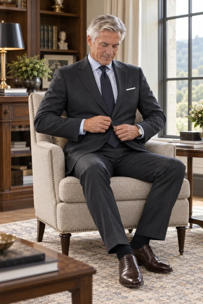 photo of a distinguished 63-year-old man with neatly groomed grey hair sitting comfortably in an elegant armchair while wearing a dark charcoal suit