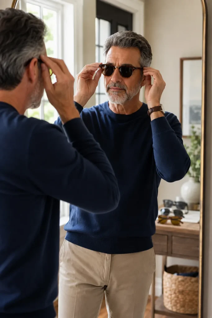 photo of a well-groomed 60-year-old man trying on classic sunglasses while looking into a mirror and checking their fit around his nose and ears