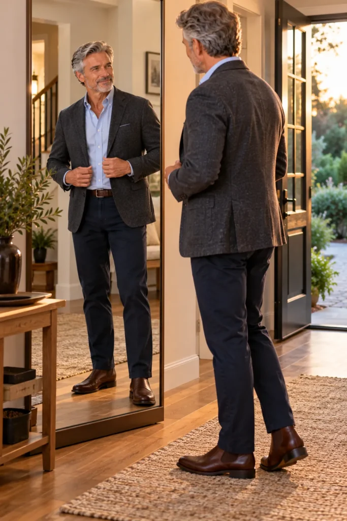 photograph showing a mature man around 58 years old making a final outfit check in a full-length mirror before leaving home