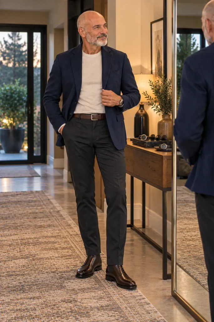 photo of a different bald 62-year-old man with a neatly trimmed gray beard making a final full-length outfit check before leaving home