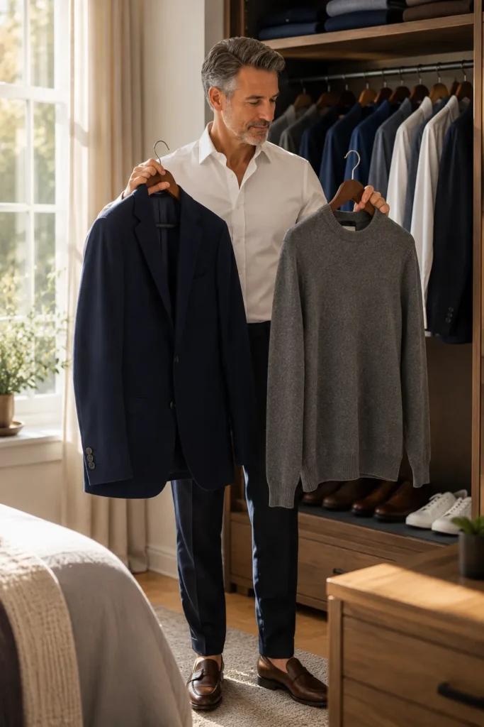 photo of a distinguished man around 55 standing in front of an open wardrobe, comparing a navy blazer and a fine-knit grey sweater before getting dressed