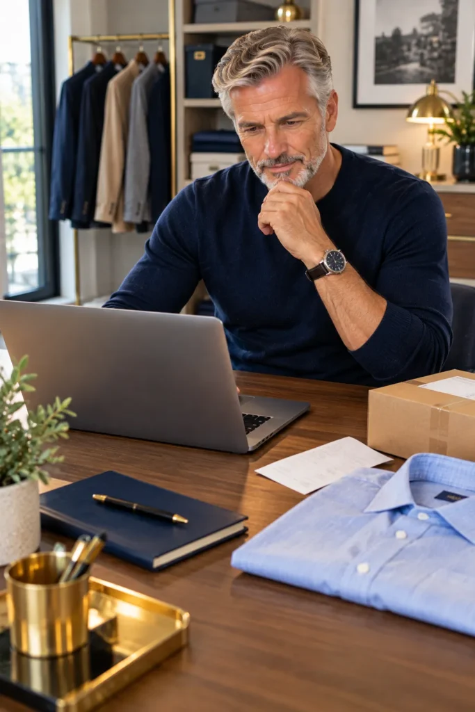 photograph representing checking store policies before ordering men's clothing online