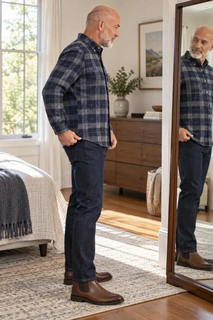 photograph featuring a 59-year-old bald man with a neatly trimmed gray beard wearing a navy and gray plaid flannel shirt with dark straight-leg jeans and brown leather Chelsea boots