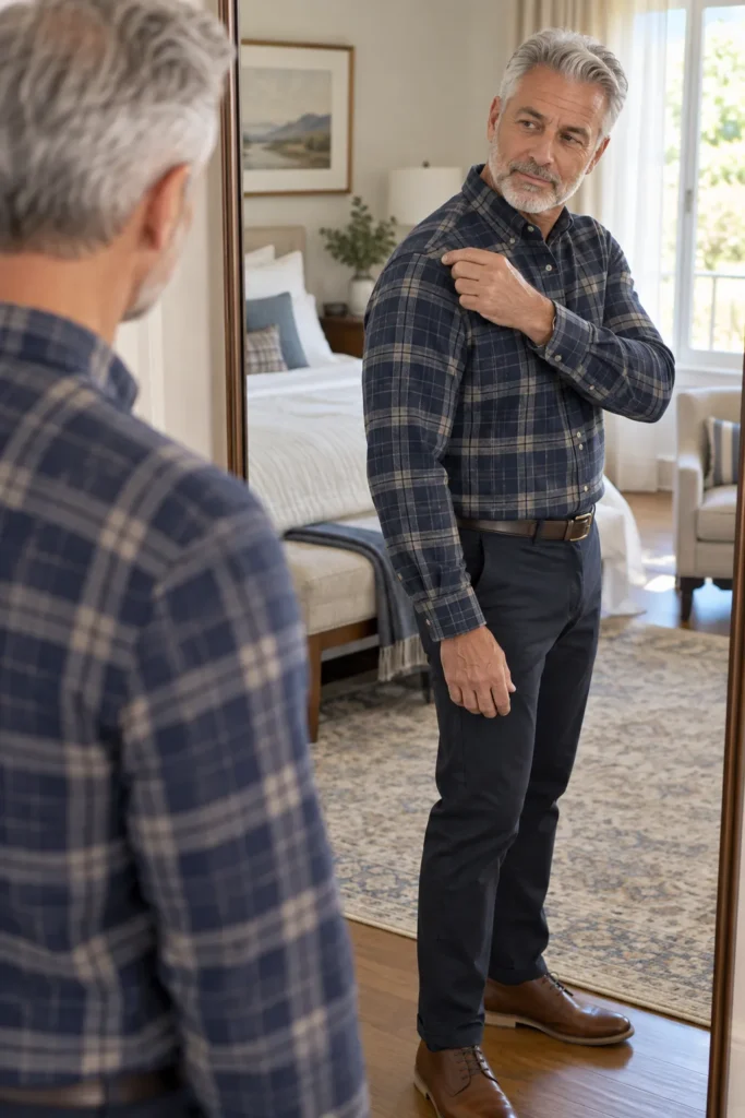 photograph of a stylish 58-year-old man with short silver-gray hair and a neatly trimmed gray beard wearing a muted navy plaid flannel shirt