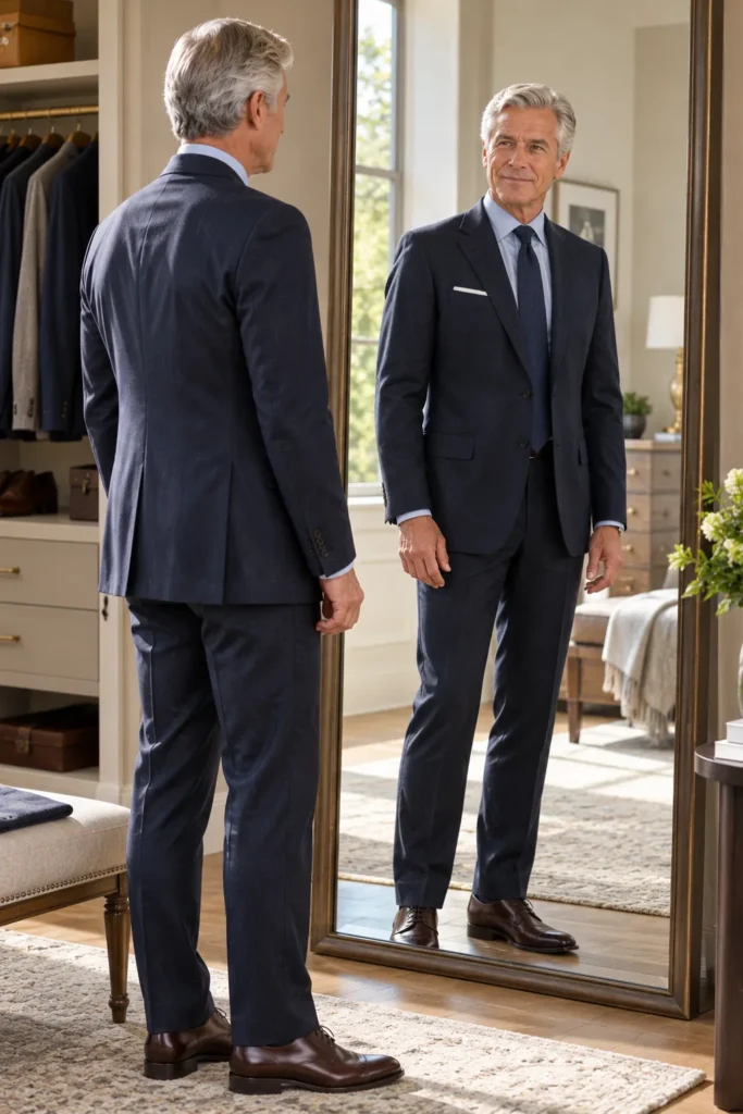 photo of a distinguished 62-year-old man with neatly groomed silver-grey hair checking the shoulder seam of a navy suit jacket in a full-length mirror