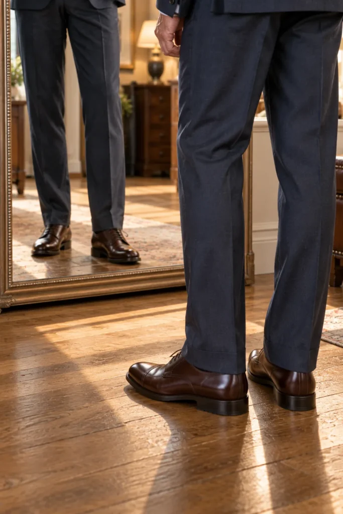 photo showing the lower half of a distinguished older man's tailored navy suit trousers falling neatly over polished dark brown leather dress shoe