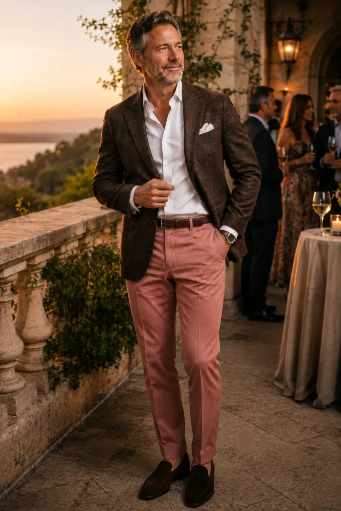 photograph of a stylish 58-year-old man attending an upscale outdoor cocktail gathering at sunset