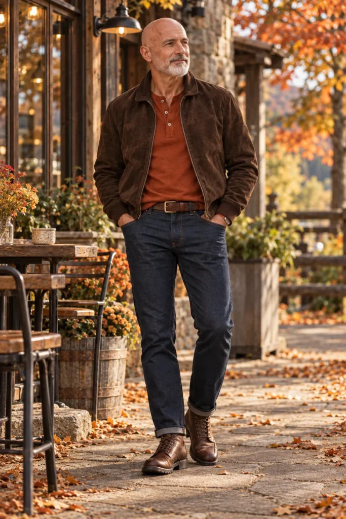 photograph of a 57-year-old bald man with a neatly trimmed salt-and-pepper beard wearing a chocolate brown suede bomber jacket over a burnt orange henley shir