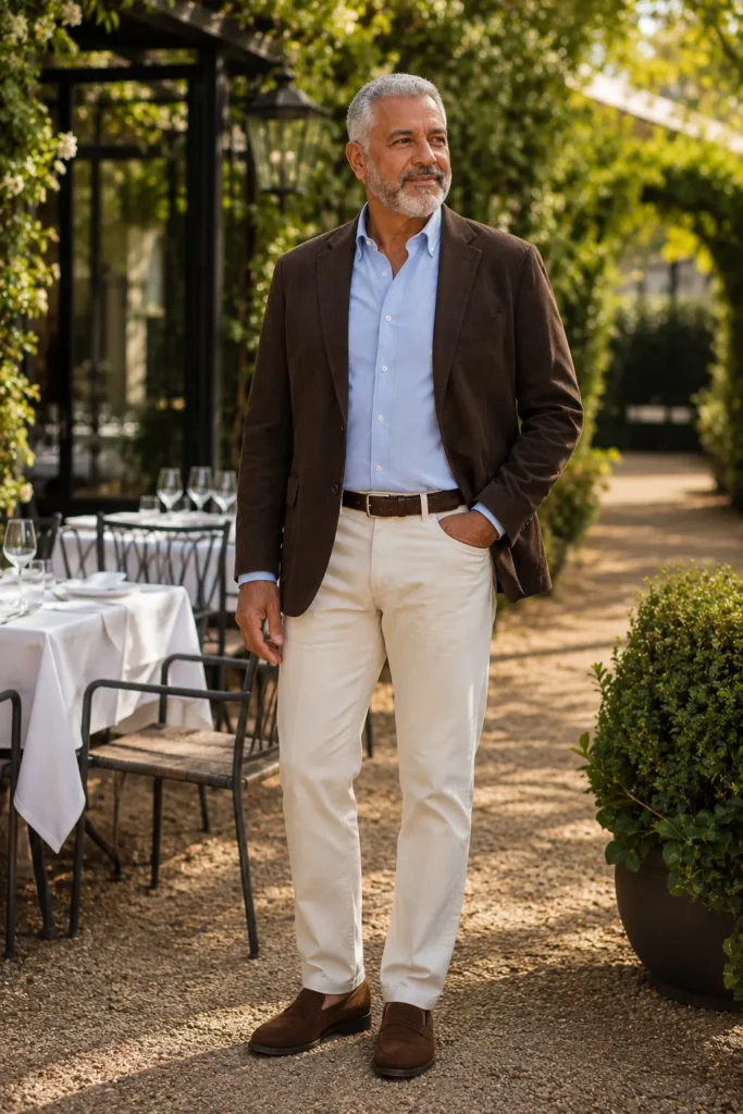 photograph featuring a 58-year-old tall broad man with short silver hair, neatly trimmed salt-and-pepper beard, warm medium skin