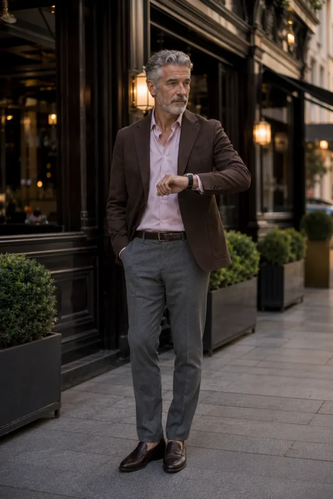 photograph of a 57-year-old man with a distinctive oblong face, thick silver hair with a slight wave, short salt-and-pepper beard
