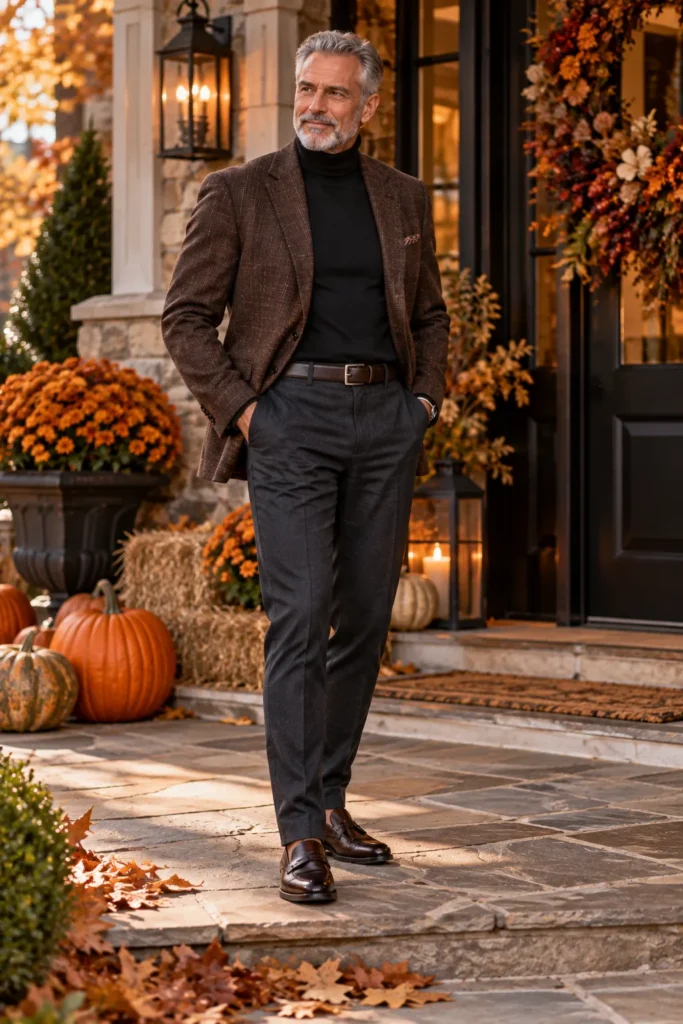 photograph featuring a different 61-year-old stylish man with short neatly styled gray hair and a short well-groomed gray beard