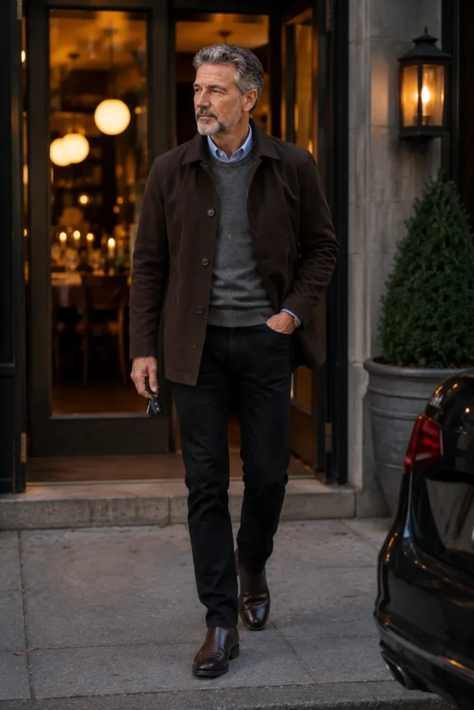 photograph of a sophisticated 60-year-old man wearing a chocolate brown car coat over a pale blue Oxford shirt and thin grey knit layer