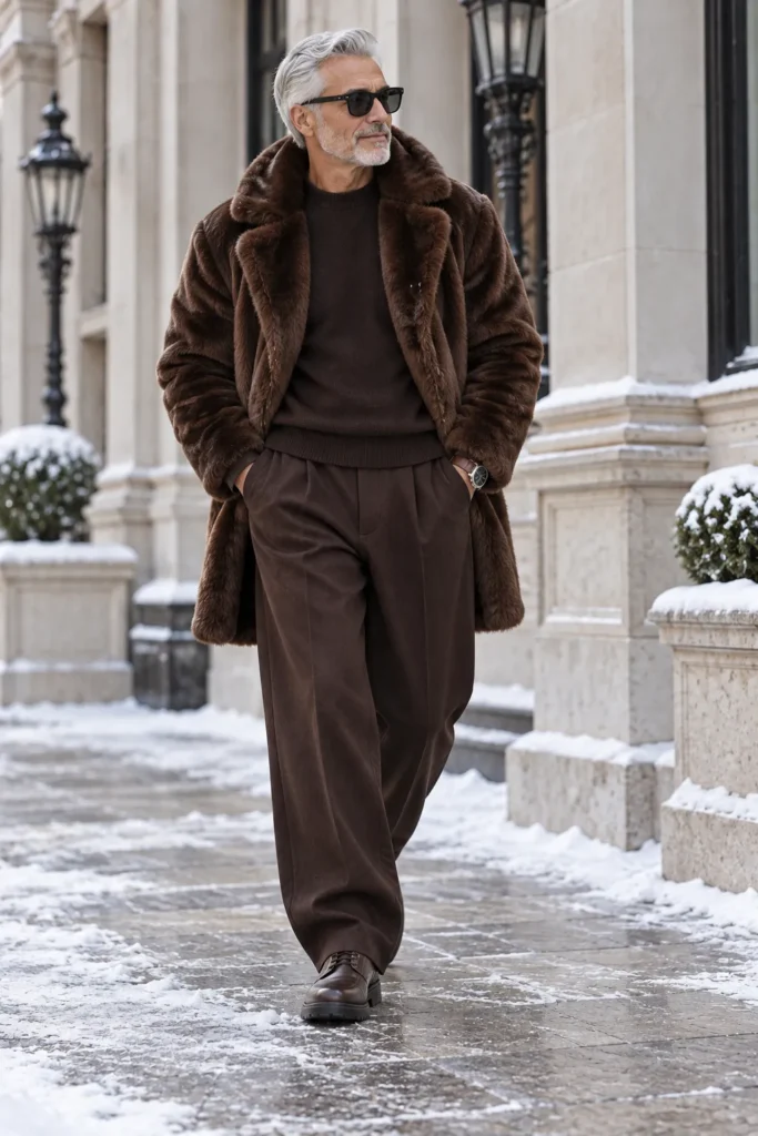 photorealistic luxury menswear photograph featuring a 59-year-old man with short silver hair and a well-groomed gray beard