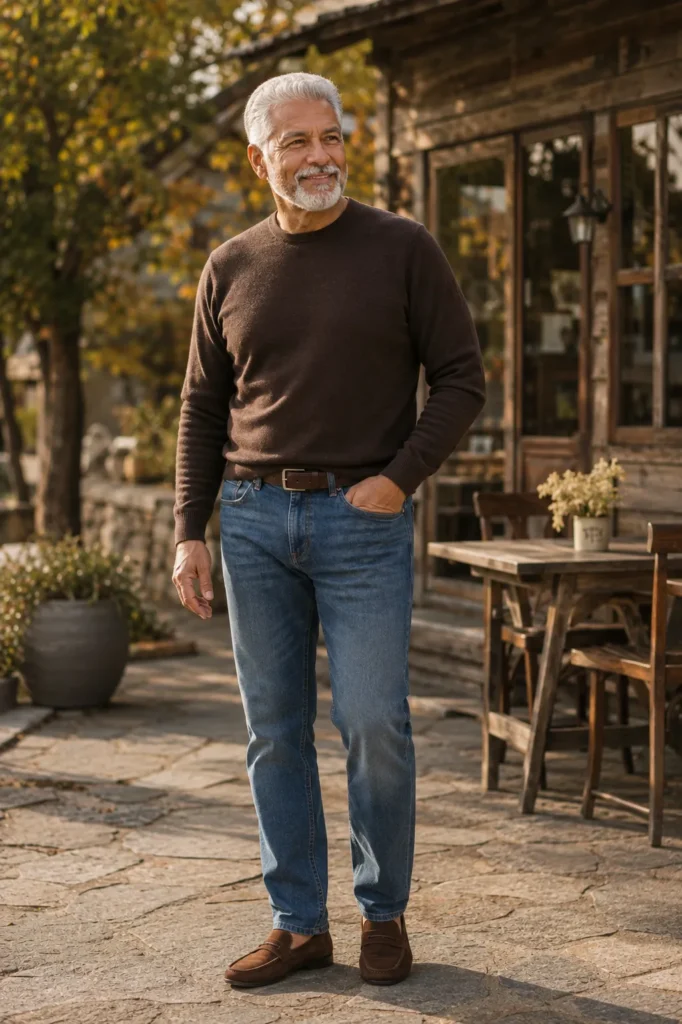 photograph featuring a distinguished 70-year-old mature man with a broad natural build, short neatly styled silver-white hair