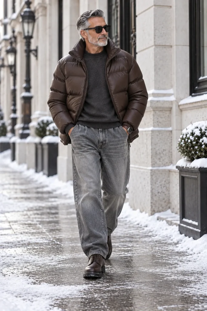 Chocolate Leather Puffer with Faded Gray Jeans
