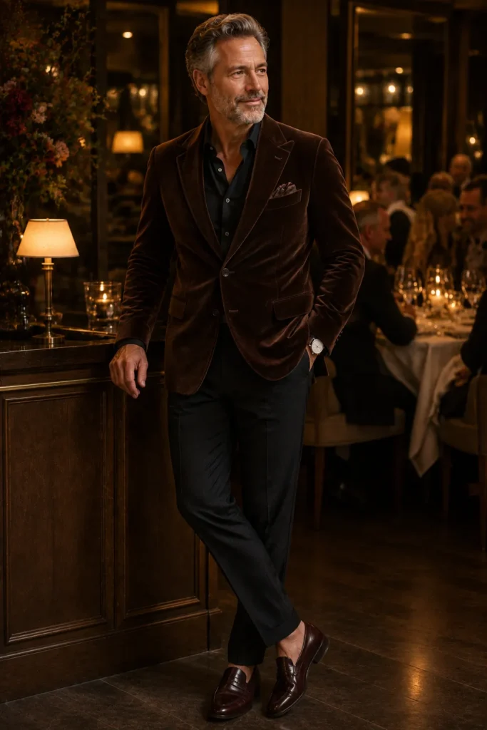 photograph of a distinguished 60-year-old man celebrating his birthday at an upscale restaurant