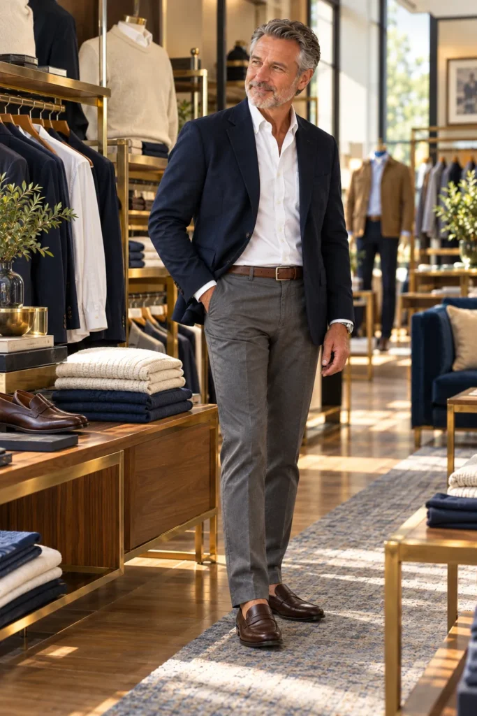 photo representing timeless men's fashion choices after 50. A mature 60-year-old man with short gray hair and a neatly trimmed beard