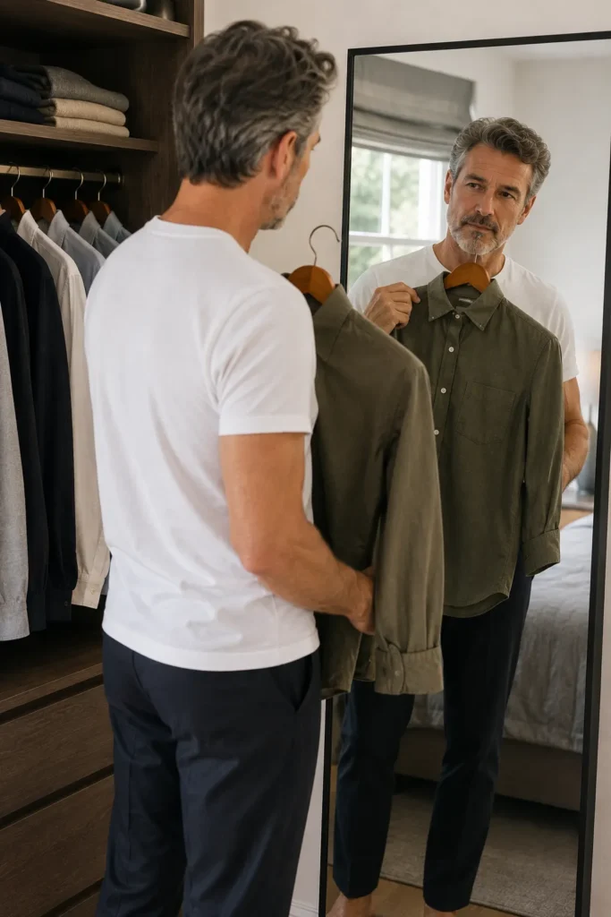hoto of a distinguished 56-year-old man with salt-and-pepper hair and a neatly trimmed beard standing inside his bedroom wardrobe area