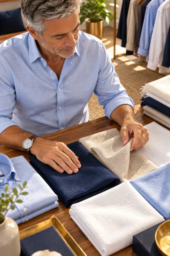 photo showing the hands of a 58-year-old man gently feeling soft cotton and linen shirt fabrics arranged on a wooden table