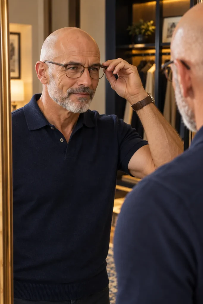 photograph featuring a confident 57-year-old bald man with a full but neatly trimmed salt-and-pepper beard